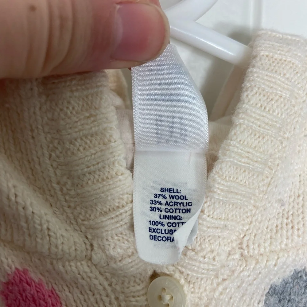 EUC Baby GAP girl’s cream pink gray polka dot hooded Pom Pom button sweater 3-6M